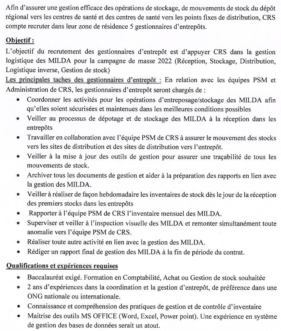 Avis de Recrutement de cinq(5) gestionnaires d’entrepôt pour Kindia, Mamou, Kissidougou, Kankan et Nzérékoré Page 2